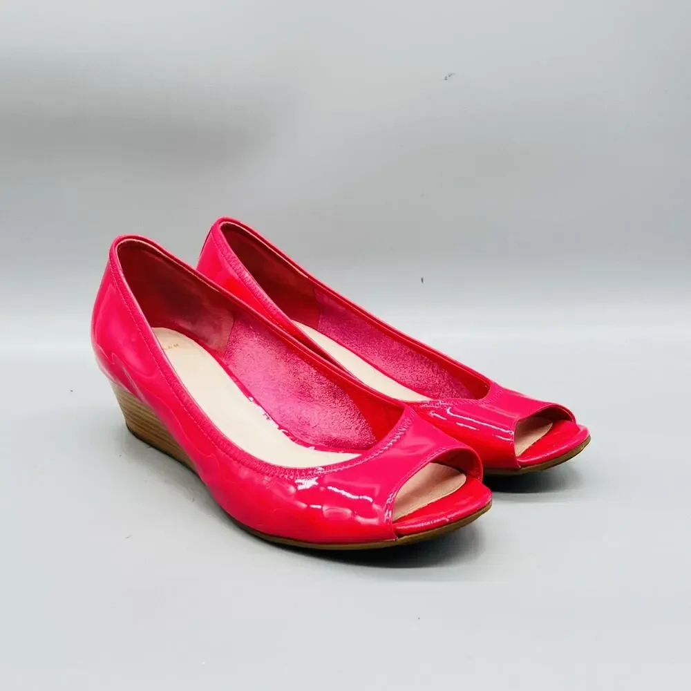 Cole Haan Shoes Womens 8.5 Pink Patent Leather Vtg Air Wedge Peep Toe Pumps